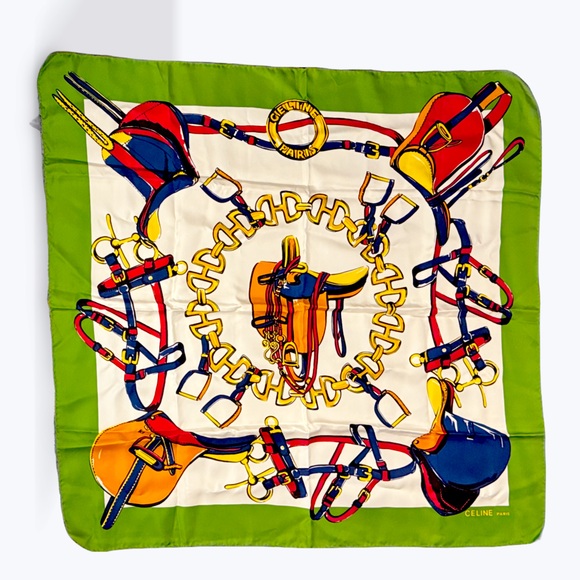 Céline Paris Scarf "Les Rivieres de Babel" Green 100% Silk - Picture 1 of 6
